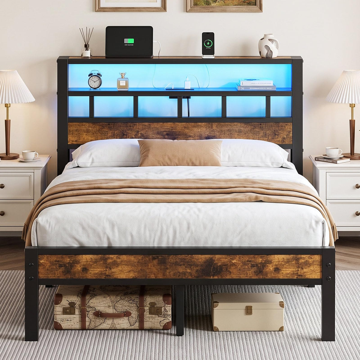 Metal Platform Bed with Charging Station and LED A992