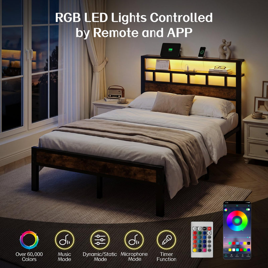 Metal Platform Bed with Charging Station and LED A992