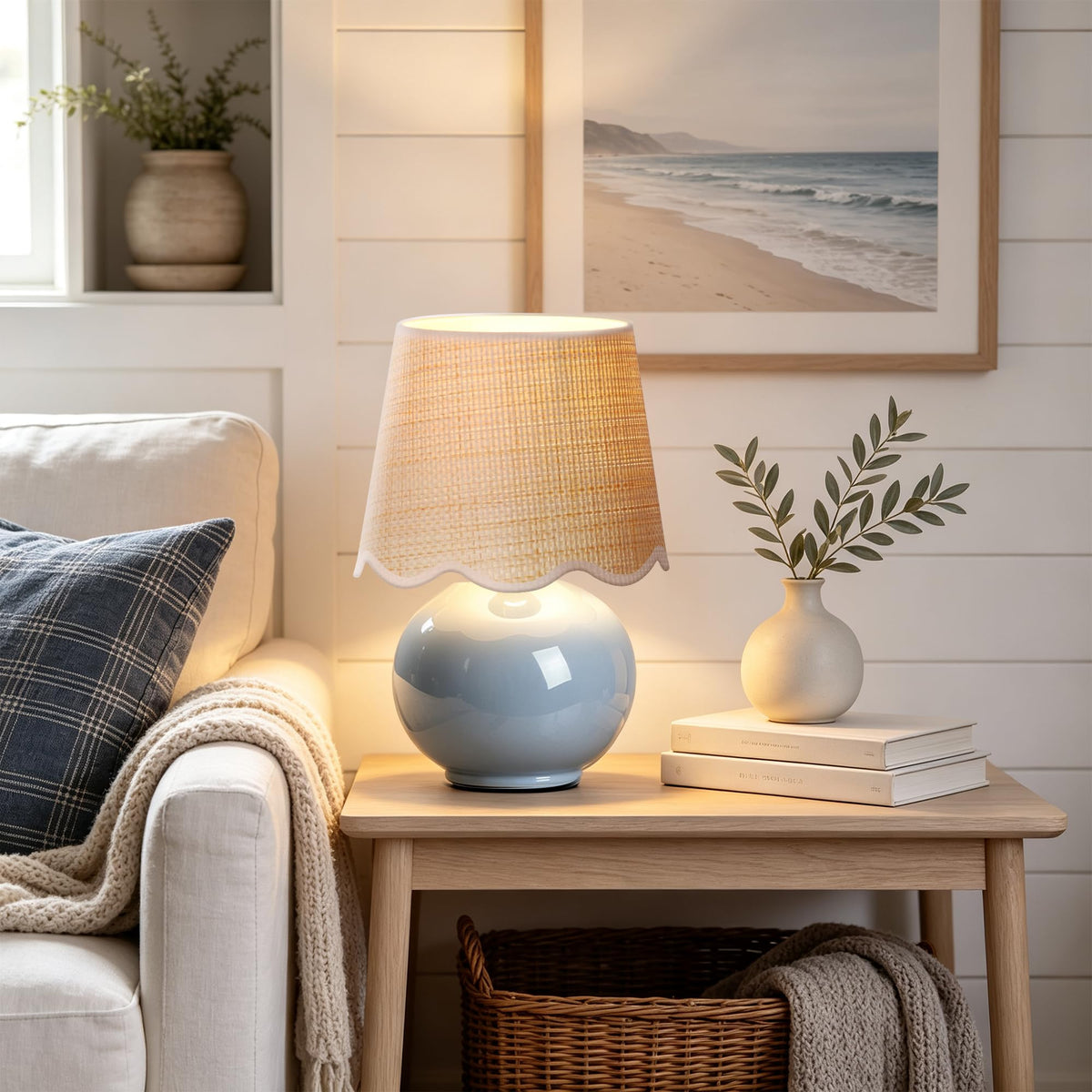 Small Ceramic Table Lamp with Rattan Woven Shade N129