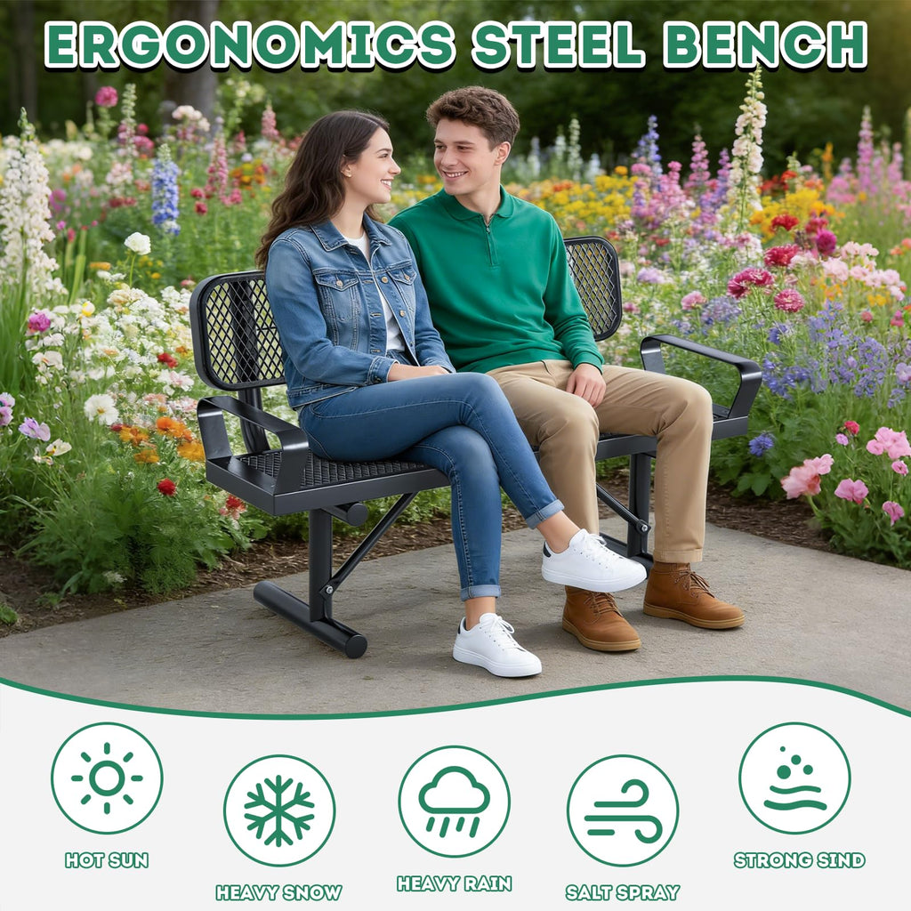 4FT Black Metal Garden Bench with Backrest H570395