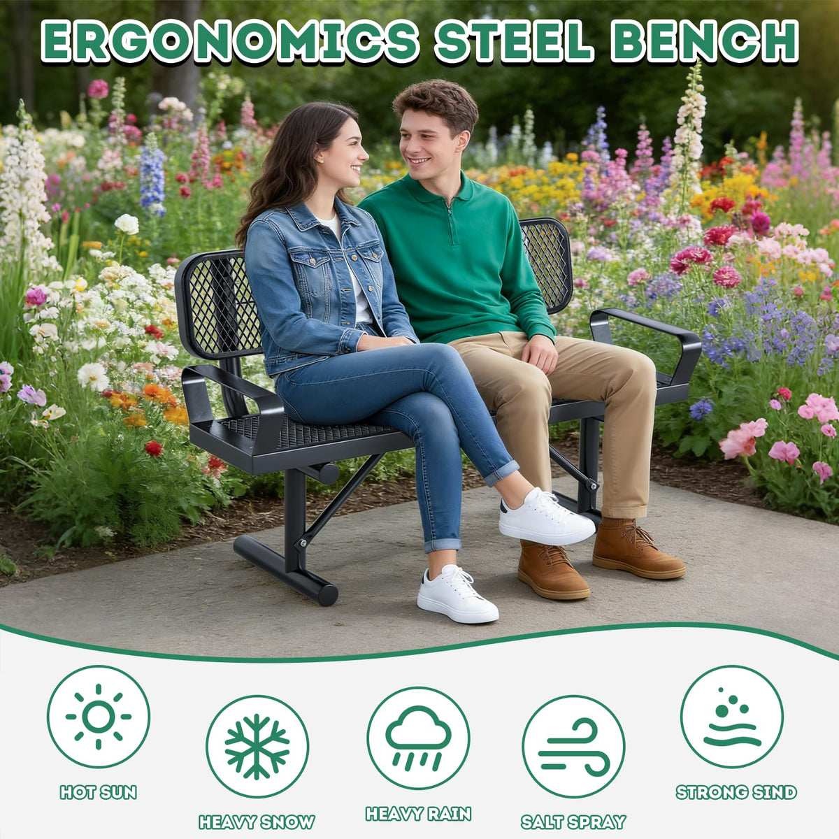 4FT Black Metal Garden Bench with Backrest H570395