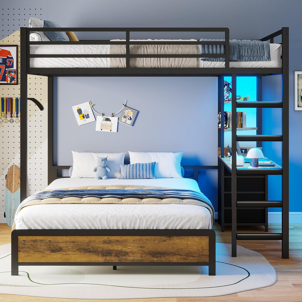 Twin Over Full Bunk Bed with Desk & 4 Storage Drawers, Black F452