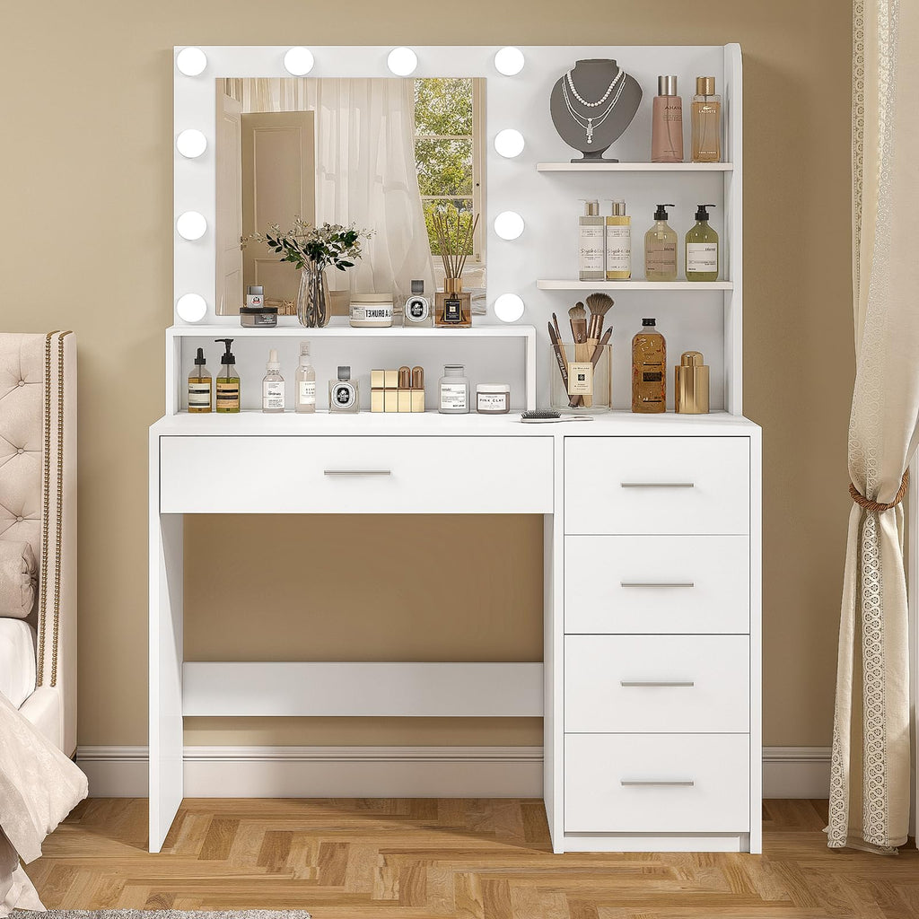 White Vanity Desk with Mirror & Lights, 5 Drawers & Storage Shelves S66053