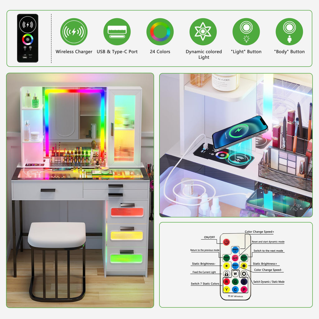 White Vanity Desk with Lighted Mirror and 6 Drawers I98261