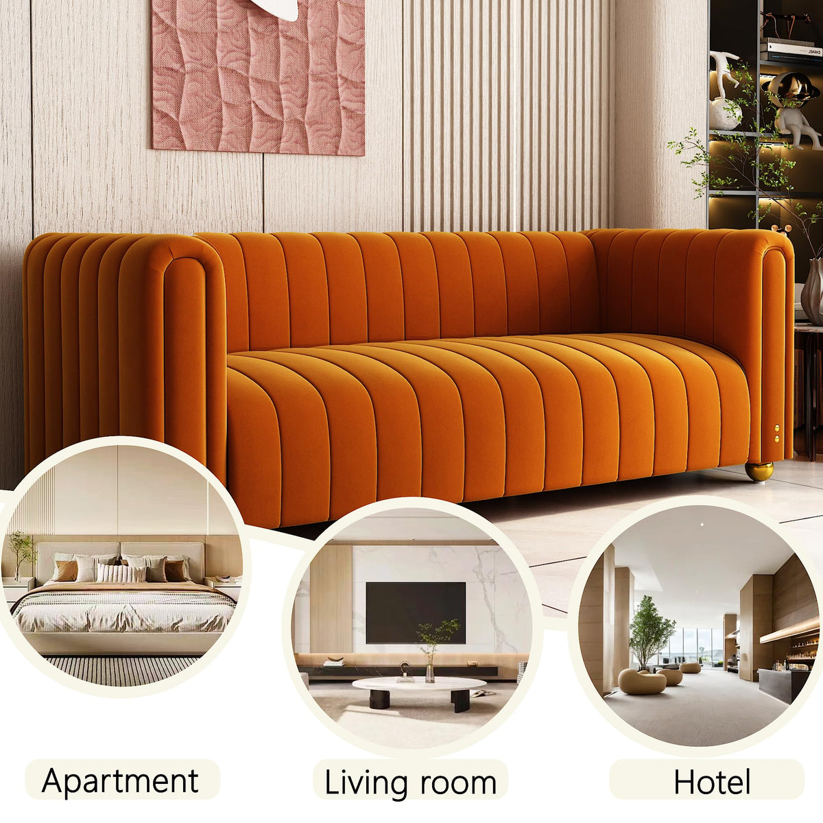 81" Orange Velvet Tufted Sofa 3 Seater with Metal Legs J356
