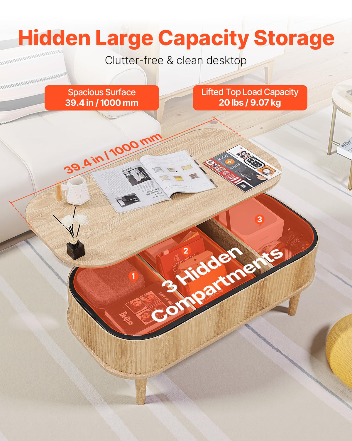 Natural Lift Top Coffee Table with Storage W7753