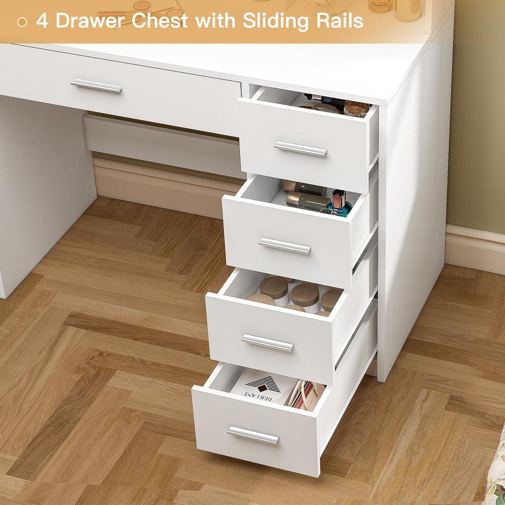 White Vanity Desk with Mirror & Lights, 5 Drawers & Storage Shelves S66053