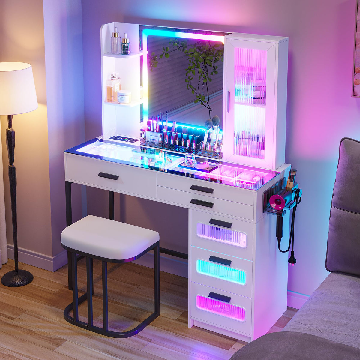White Vanity Desk with Lighted Mirror and 6 Drawers I98261