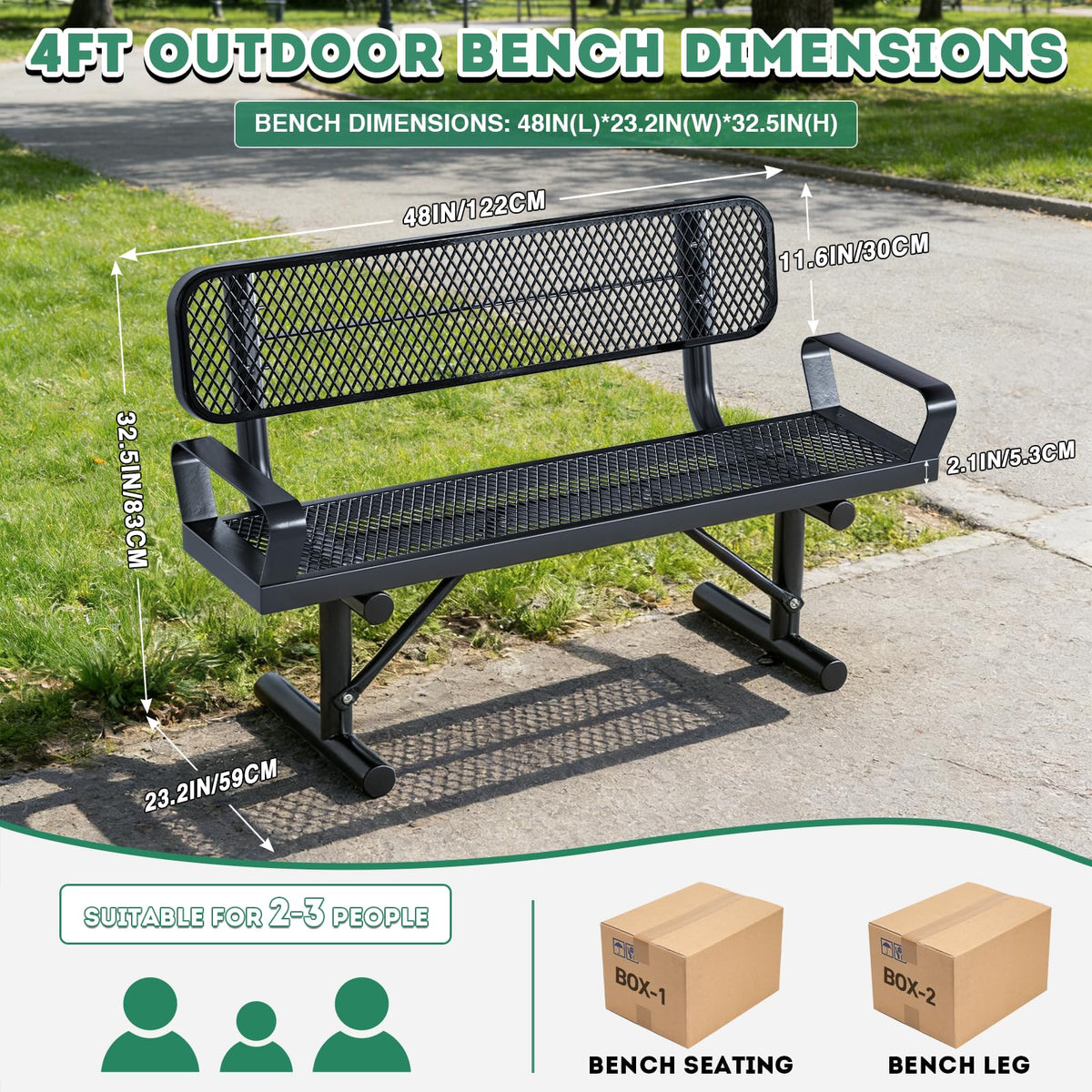 4FT Black Metal Garden Bench with Backrest H570395