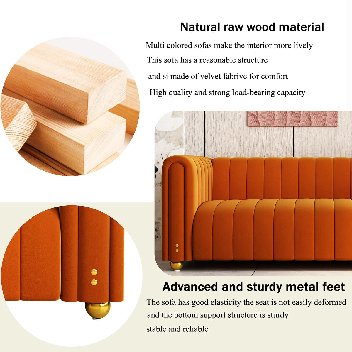 81" Orange Velvet Tufted Sofa 3 Seater with Metal Legs J356