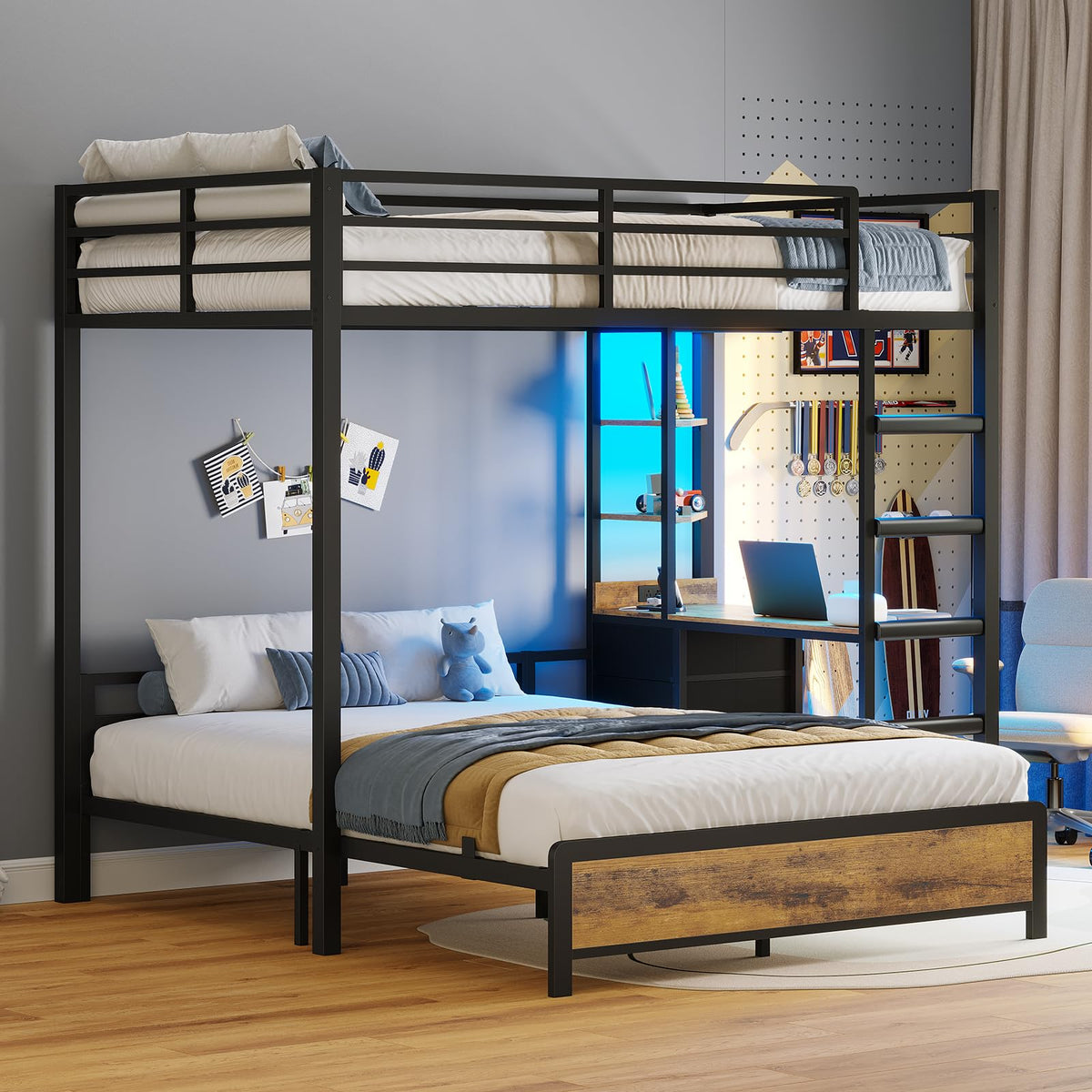 Twin Over Full Bunk Bed with Desk & 4 Storage Drawers, Black F452