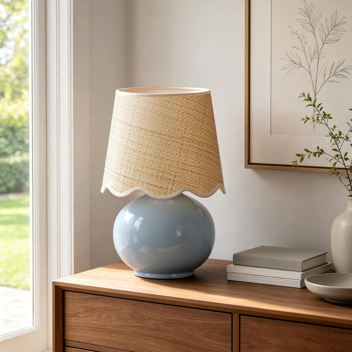 Small Ceramic Table Lamp with Rattan Woven Shade N129