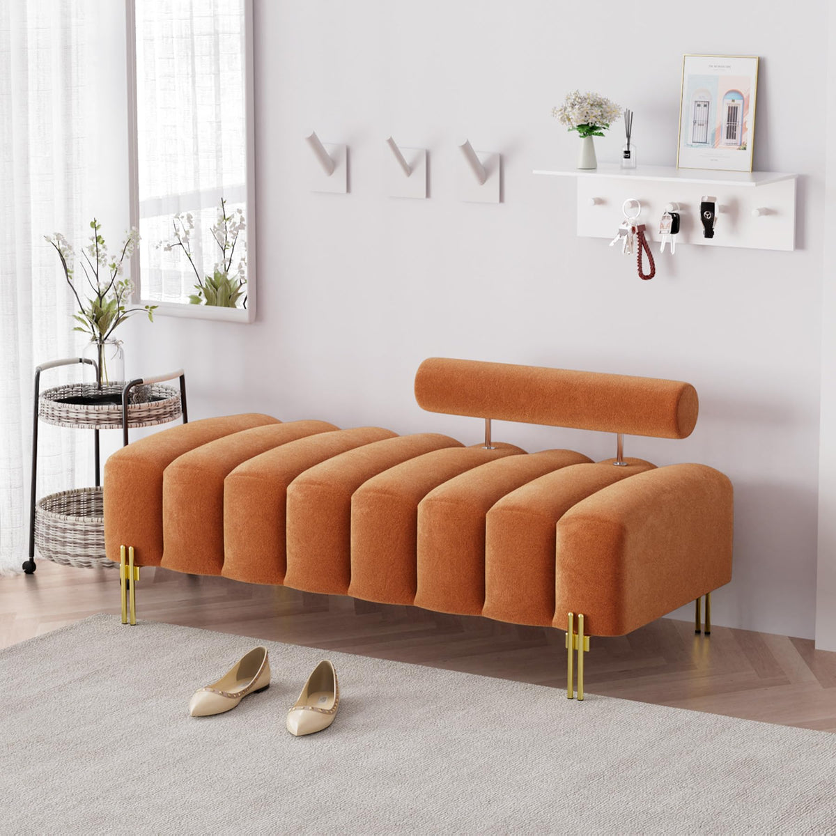 Orange Velvet Ottoman Bench Y420890