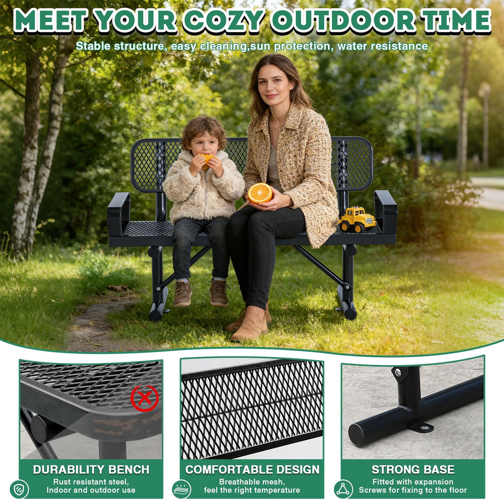 4FT Black Metal Garden Bench with Backrest H570395