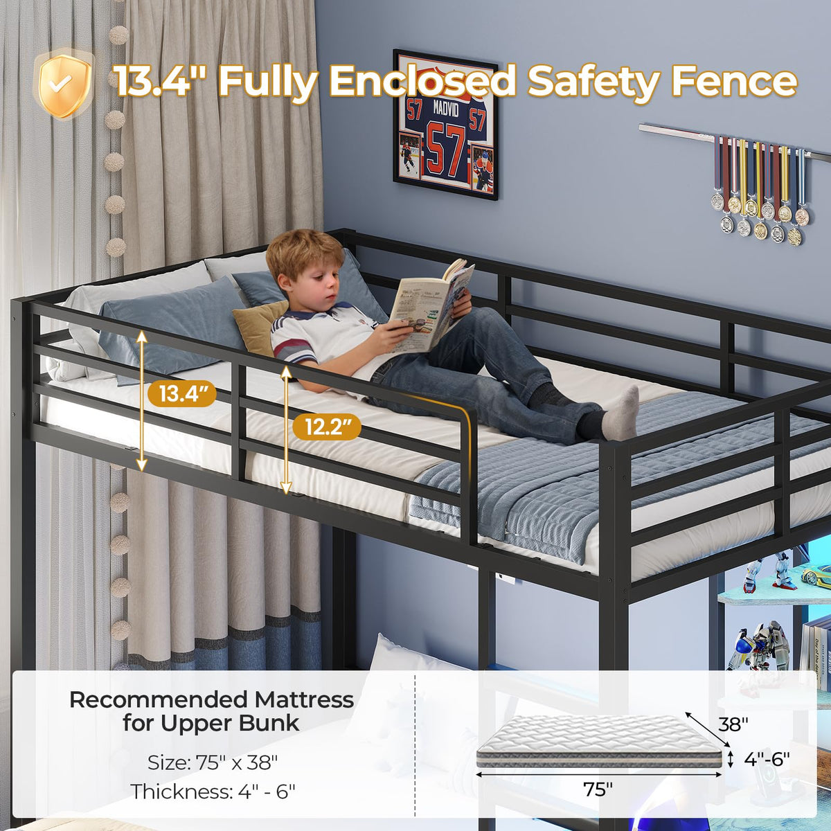Twin Over Full Bunk Bed with Desk & 4 Storage Drawers, Black F452