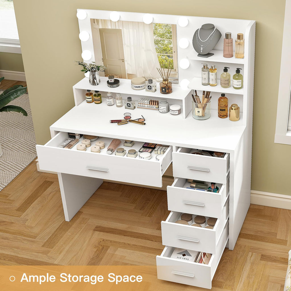 White Vanity Desk with Mirror & Lights, 5 Drawers & Storage Shelves S66053