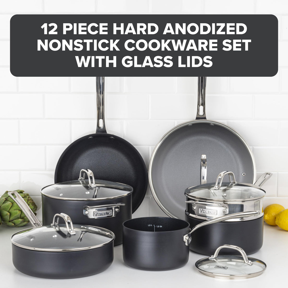 12 Piece Non Stick Hard Anodized Cookware Set with Glass Lids O3148