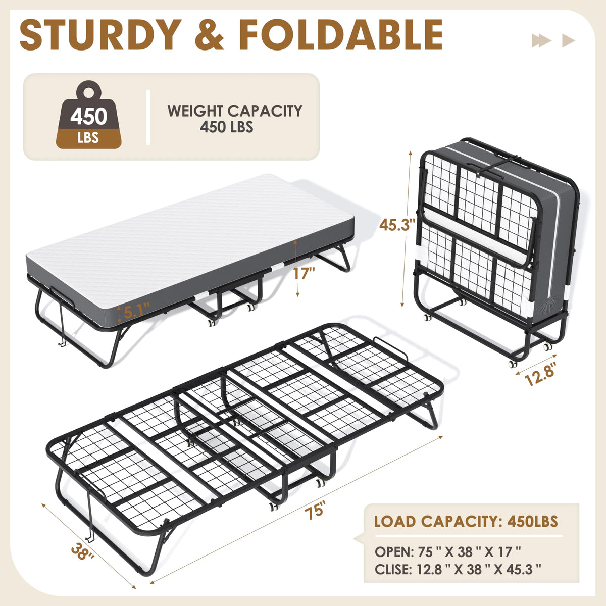 Folding Bed with Mattress Twin 75" x 38" K8772