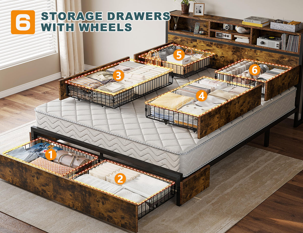 Queen Bed Frame with 6 Storage Drawers M855