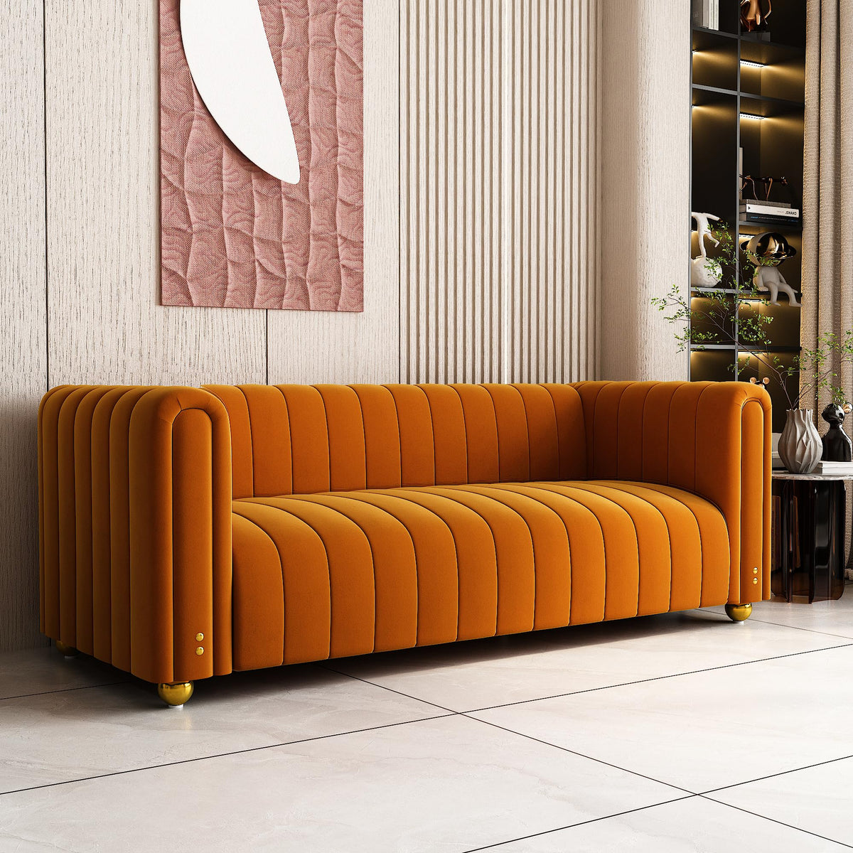 81" Orange Velvet Tufted Sofa 3 Seater with Metal Legs J356