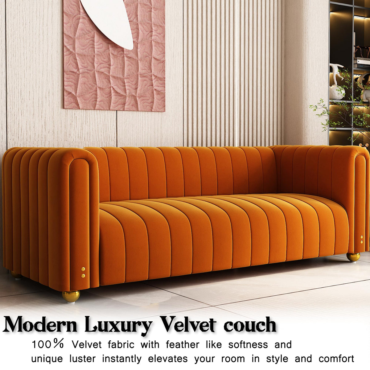81" Orange Velvet Tufted Sofa 3 Seater with Metal Legs J356