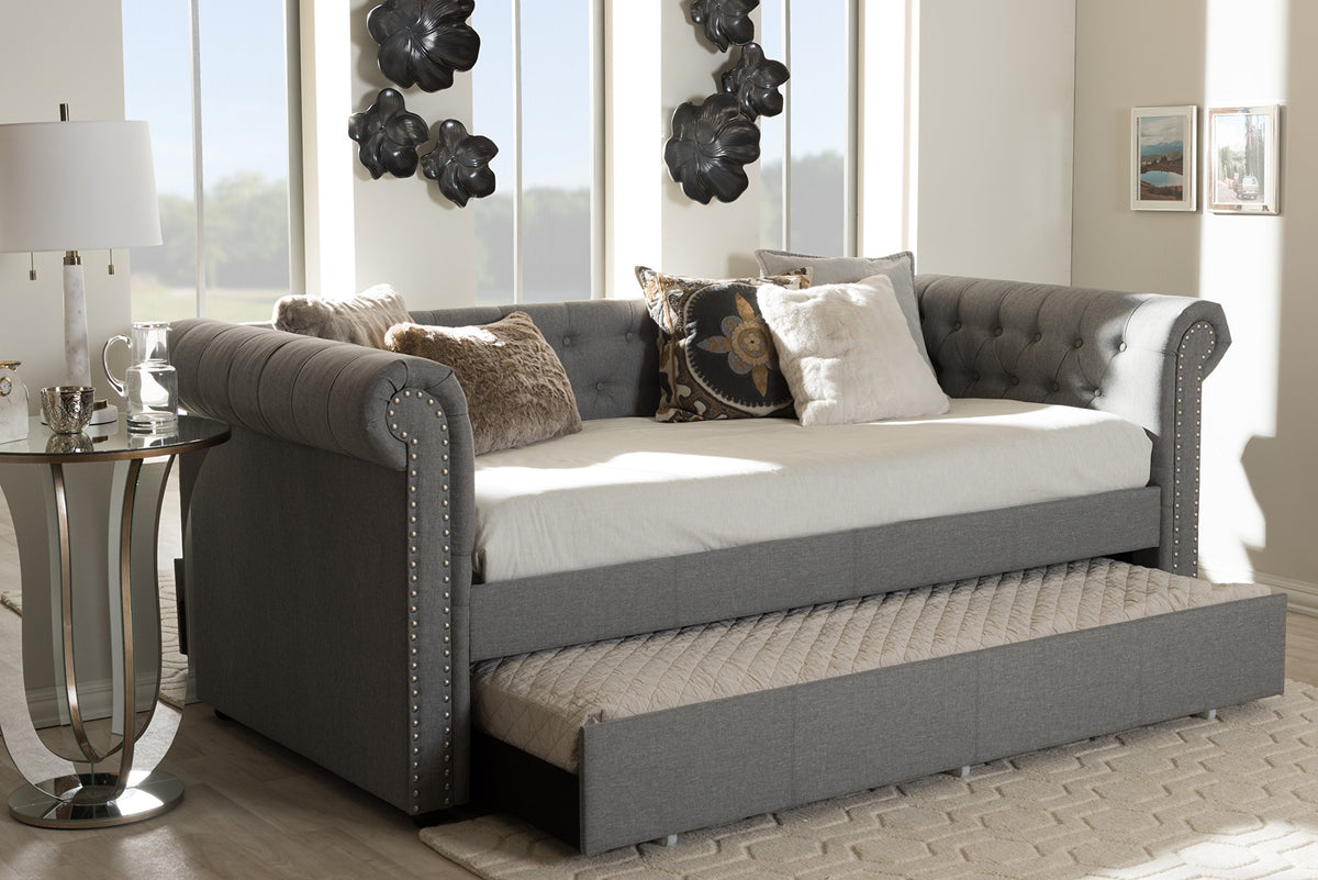 Light Beige Fabric Trundle Daybed U6190