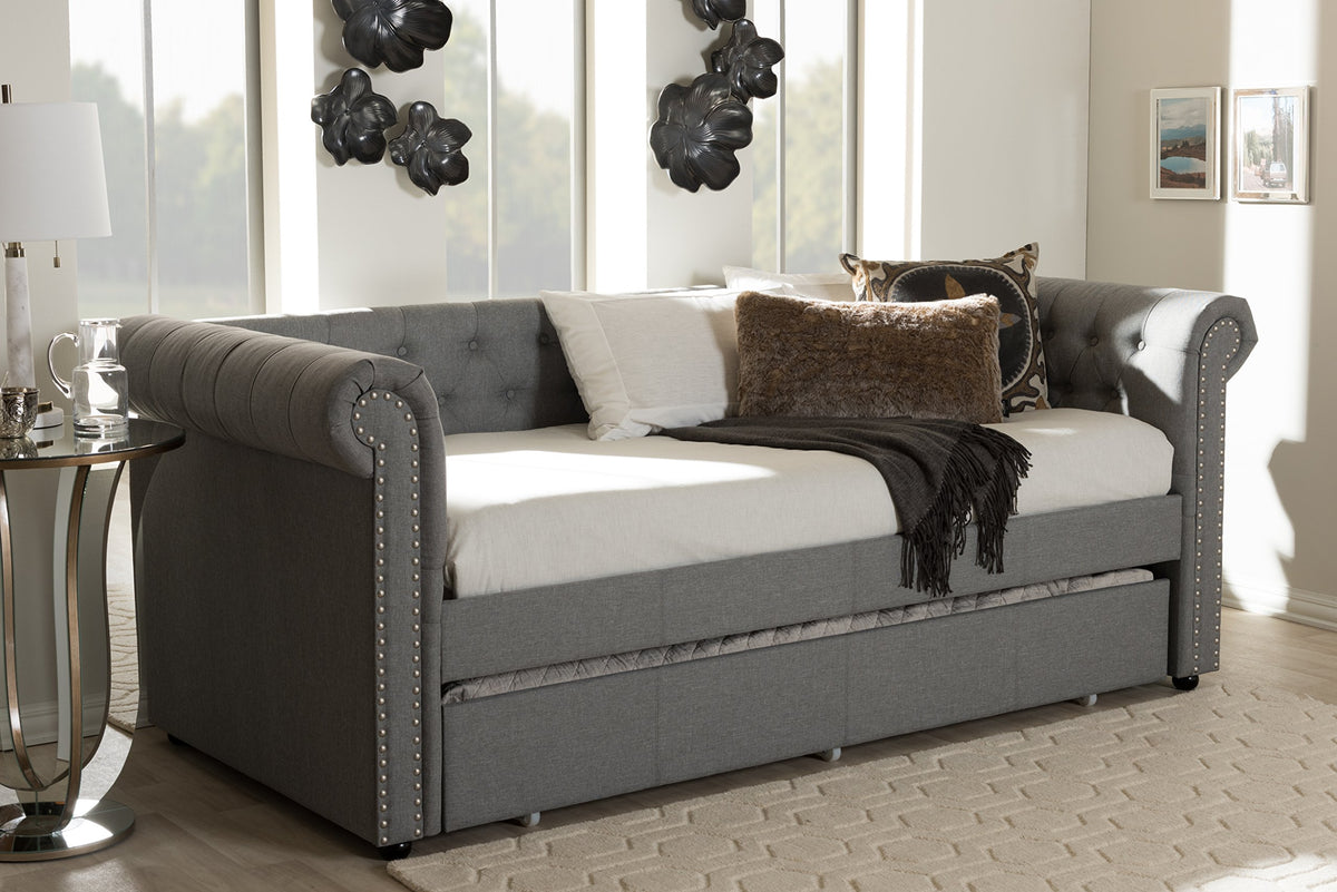 Light Beige Fabric Trundle Daybed U6190